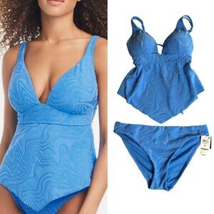 Bar III Blue Textured 2 Piece Swimsuit Hankey Top Tankini Bikini Size S/M NEW